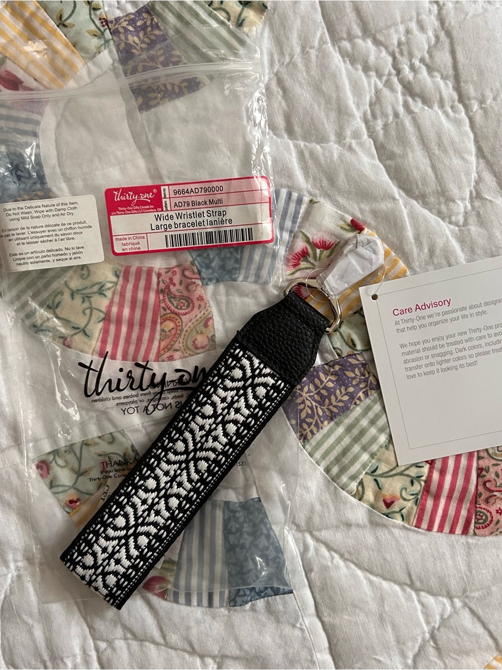 thirty-one Black and White Wide Wristlet Strap with Embroidered Pattern